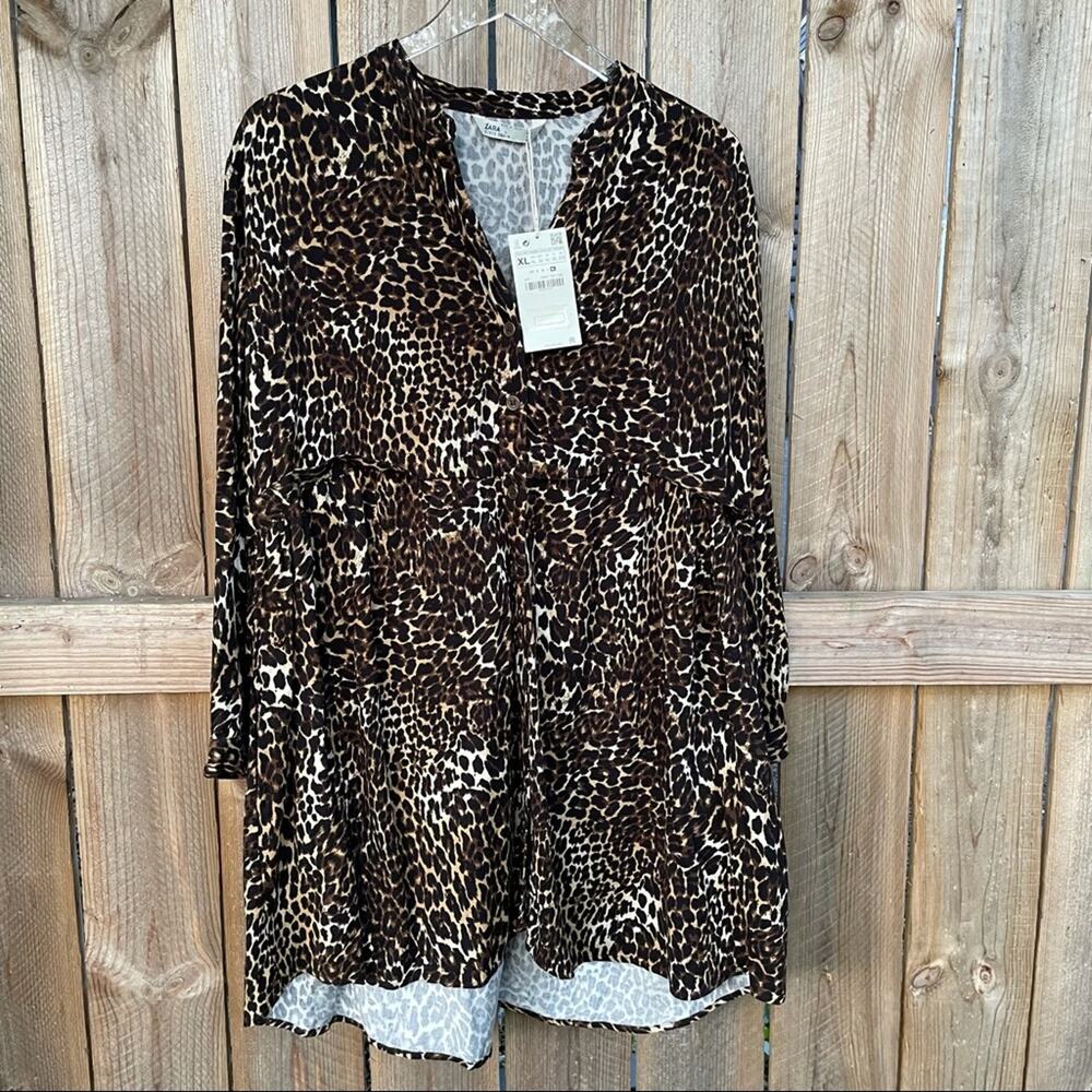 Zara Mini Swing Dress Button Front Animal Print Long Sleeves Brown Black XL NEW